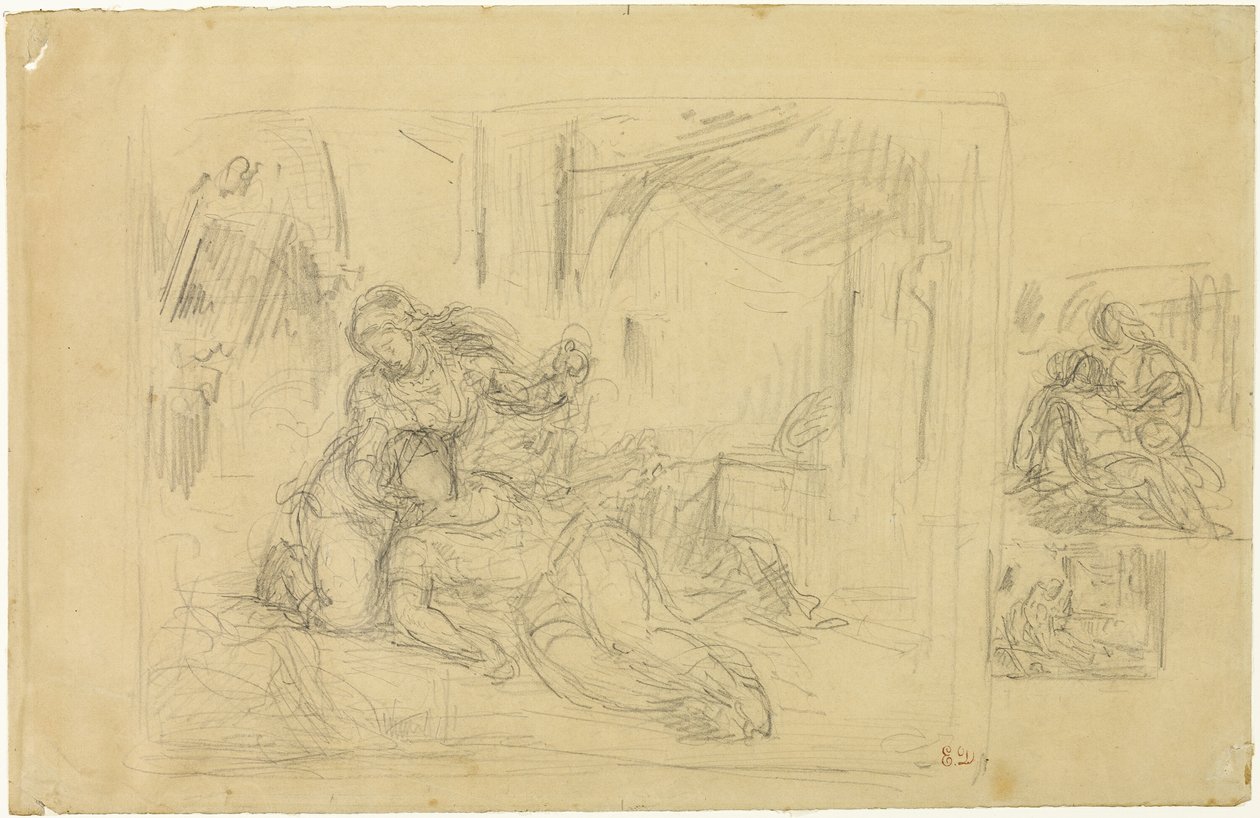 Umírající žena(?), Muž v ložnici, Dvě náčrtky téhož od Eugène Delacroix