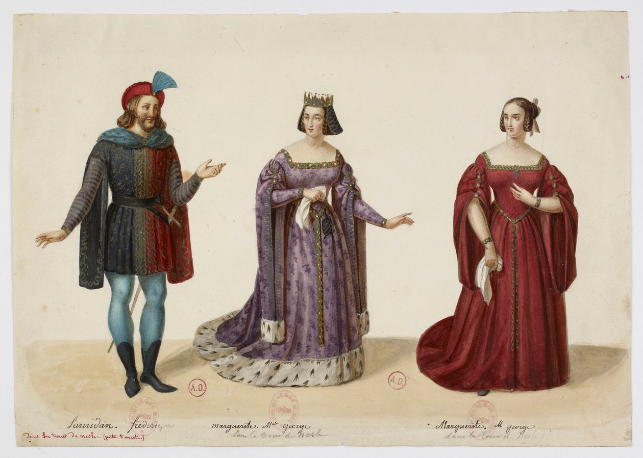 Kostýmy - Frederic Lemaitre jako Buridan, slečna George jako Markéta Burgundská (La Tour de Nesle, září 1832) od Eugène Du Faget