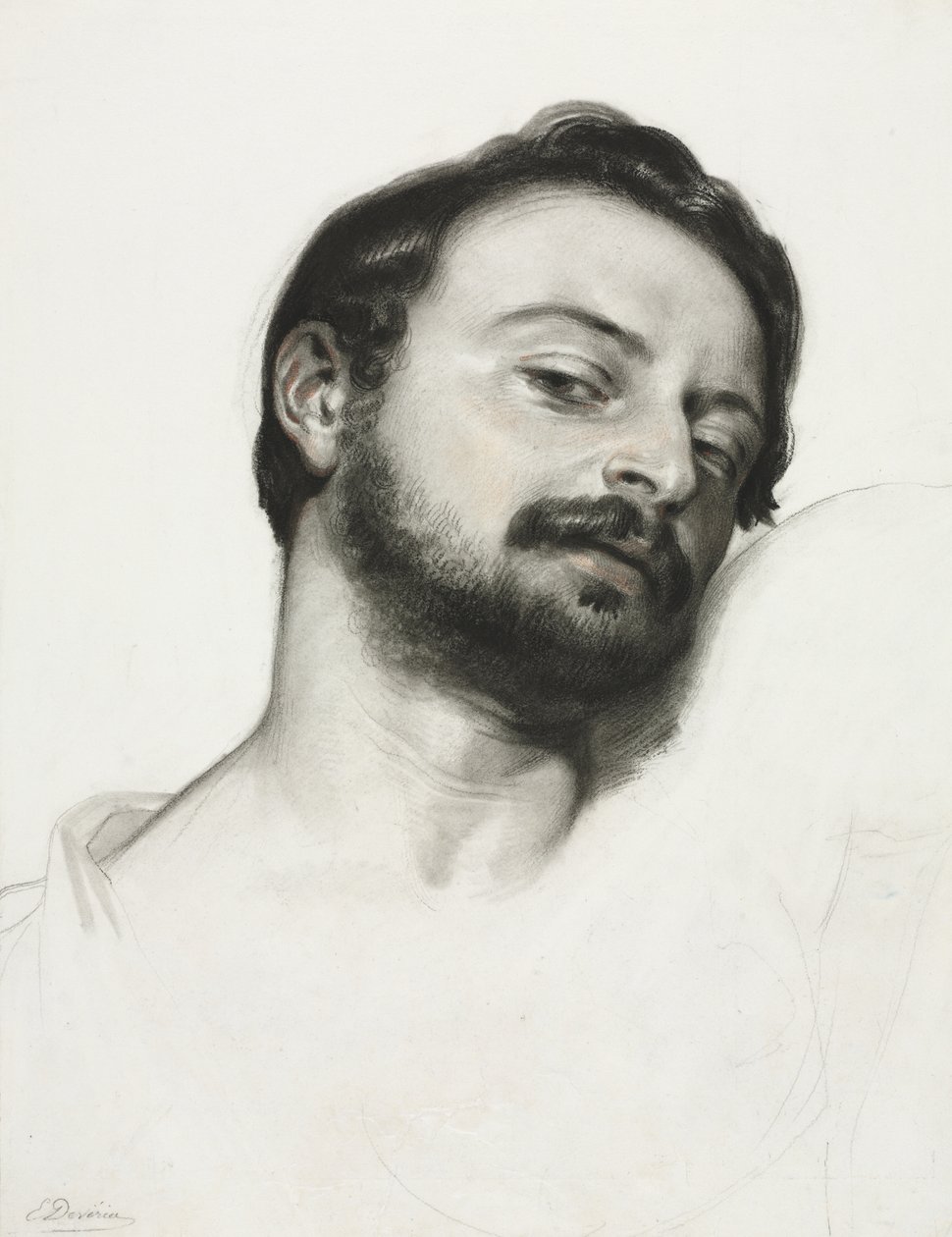 Hlava muže (uhel zvýrazněný sangvinou na bílém kartonu) od Eugène François Marie Joseph Devéria