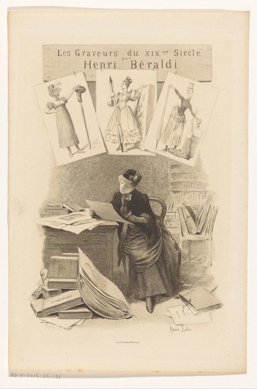 Žena se dívá na obrázky za stolem Titulní strana pro: Henri Béraldi, Les engravers du XIXe siècle, 1899 od Eugène Gaujean