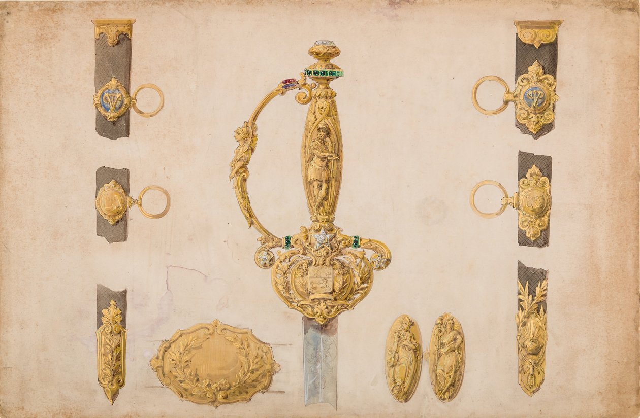 Design pro jílec meče, pochva a kování opasku, ca. 1840-50. od Eugène Julienne.