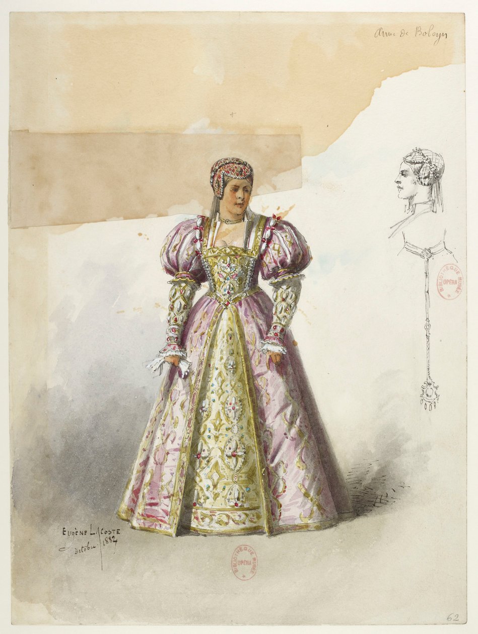 Btv1b84558104 62 - Saint-Saëns - Jindřich VIII - Modely kostýmů - Lacoste - 62. Anna Boleynová s koltou od Eugene Lacoste