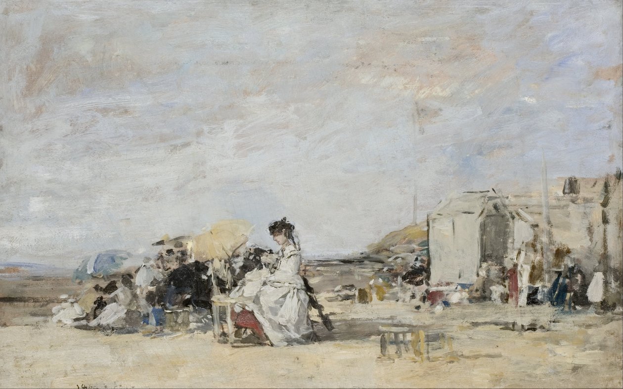Dáma v bílém na pláži v Trouville od Eugene Louis Boudin