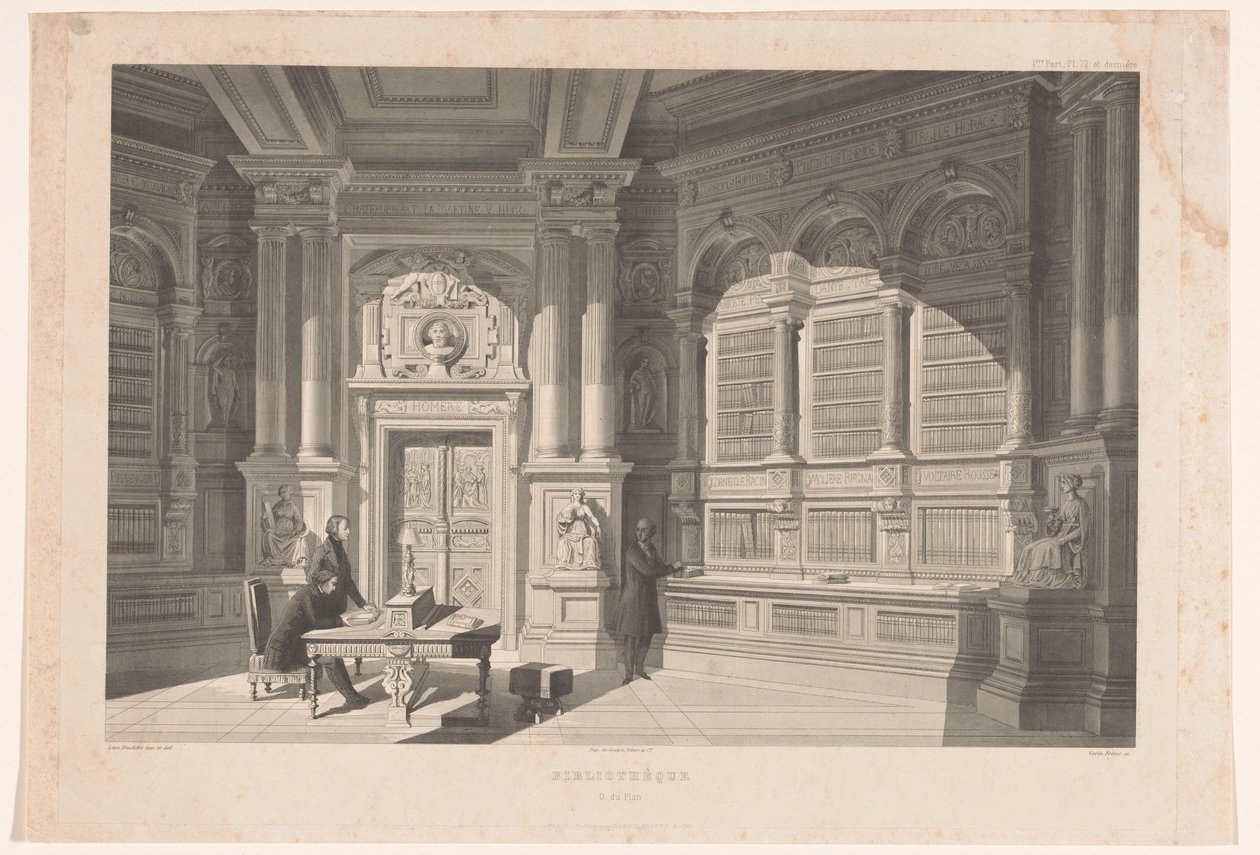 Interiér knihovny Bibliothèque O. du Plan (název na objektu) od Eugène Napoléon Varin