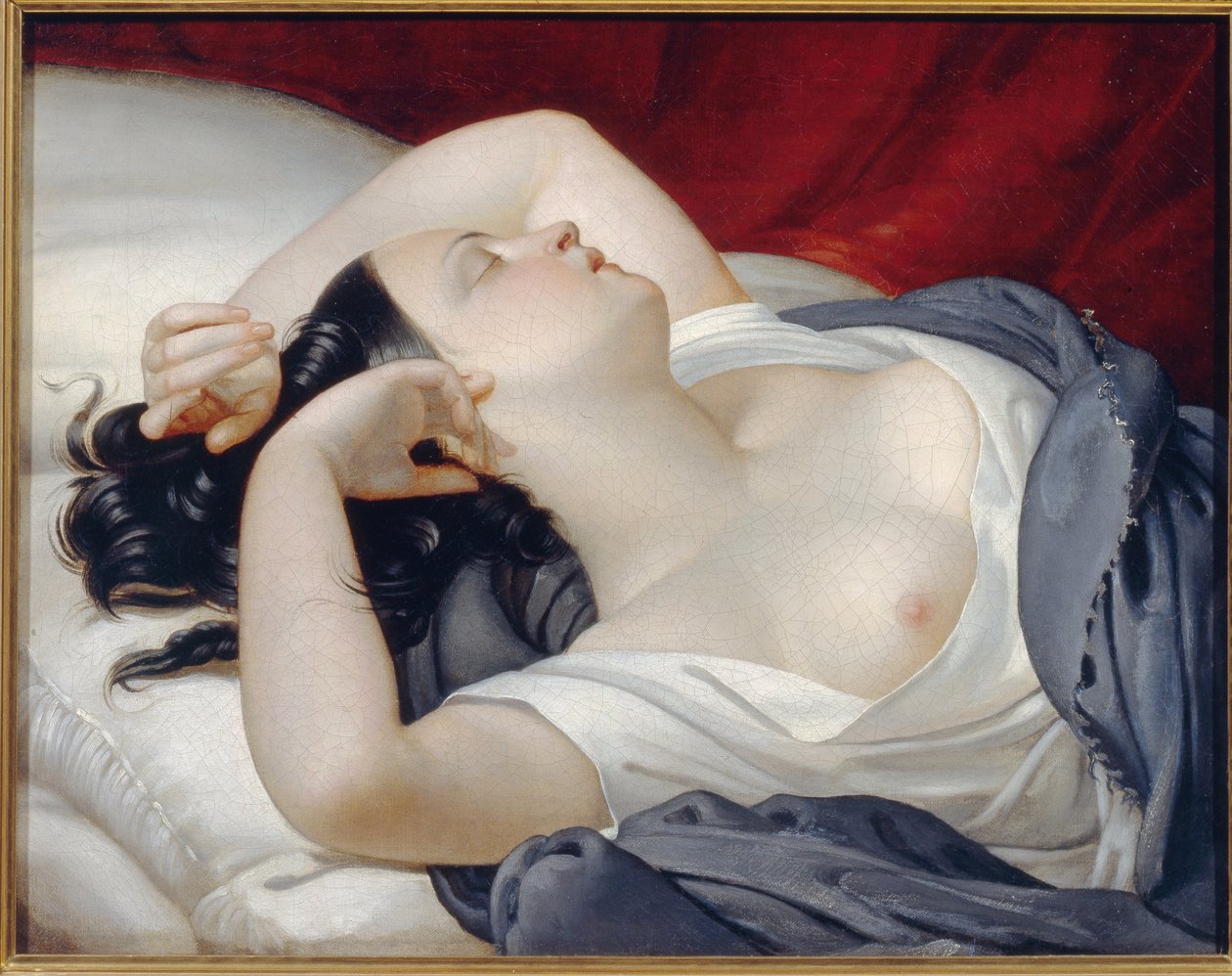 Spící italská žena. Krásná žena se zavřenýma očima a odkrytým prsem, lascivně spí na kraji postele. Obraz Eugene Plucharta (1809-1880), olej na plátně, kolem roku 1840. Francouzské umění od Eugéne Pluchart