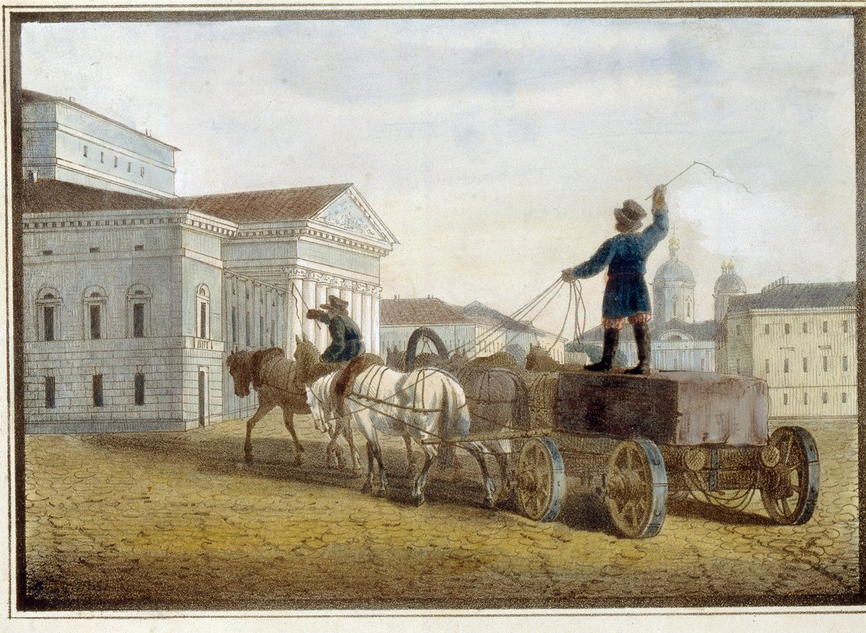 Doprava žulových bloků na divadelní náměstí v Petrohradě. Dílo Eugene Plucharta (1809-1880), akvarel na litografii od Eugéne Pluchart