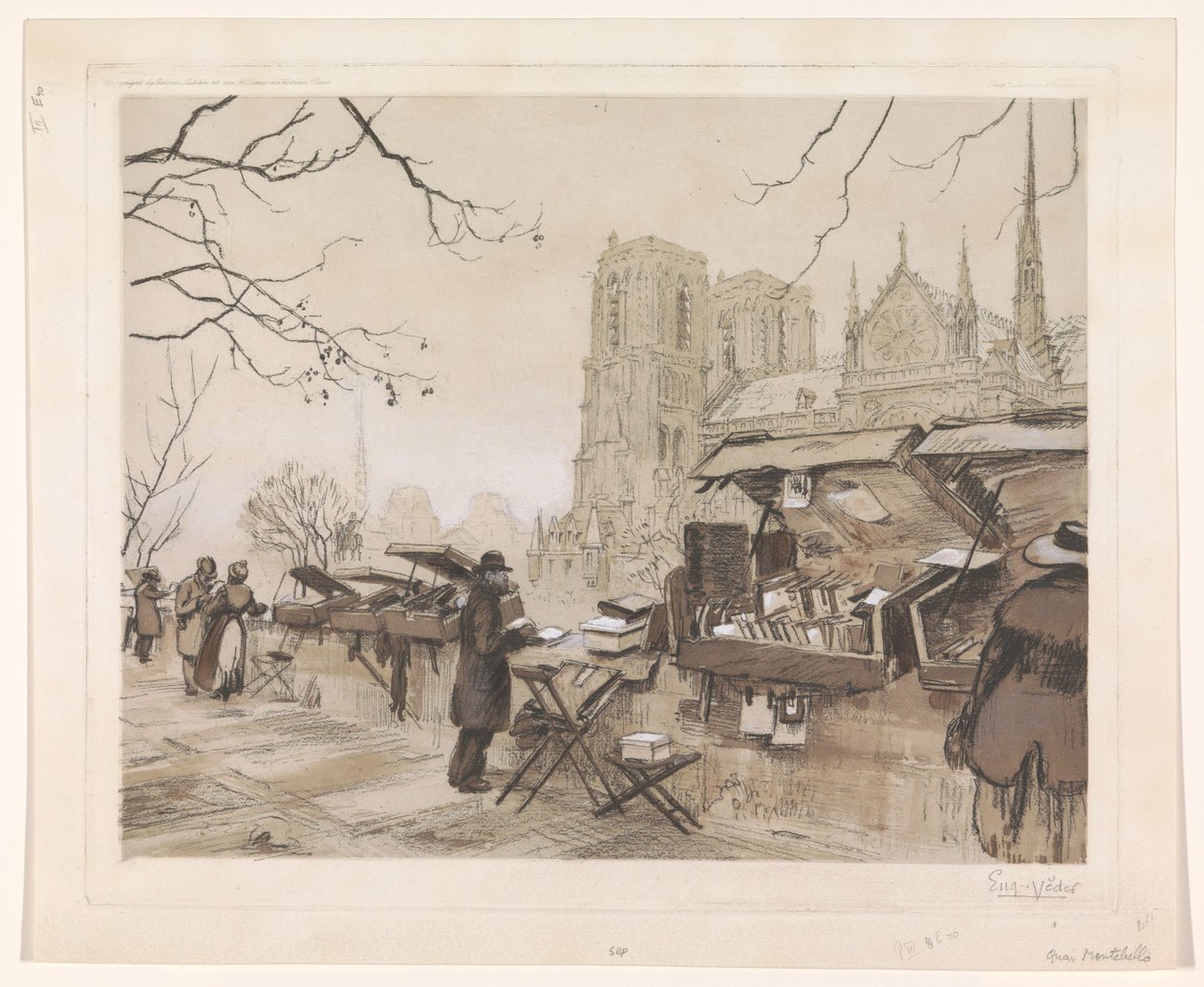 Pohled na Quai de Montebello v Paříži od Eugène Véder (signed by artist)