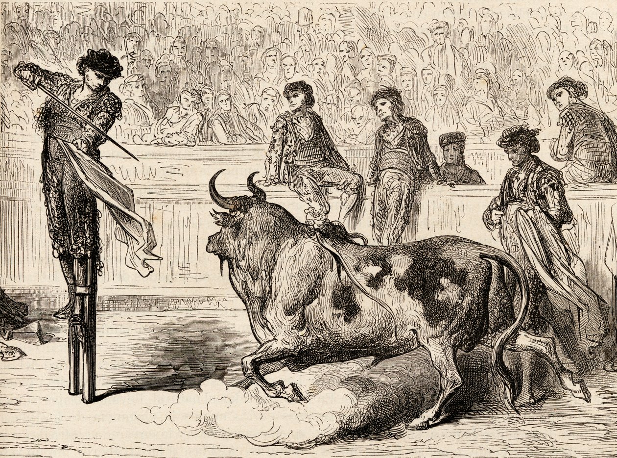 Toreador stál na chůdách v Seville, Španělsko, 1878 (dřevoryt) od European School