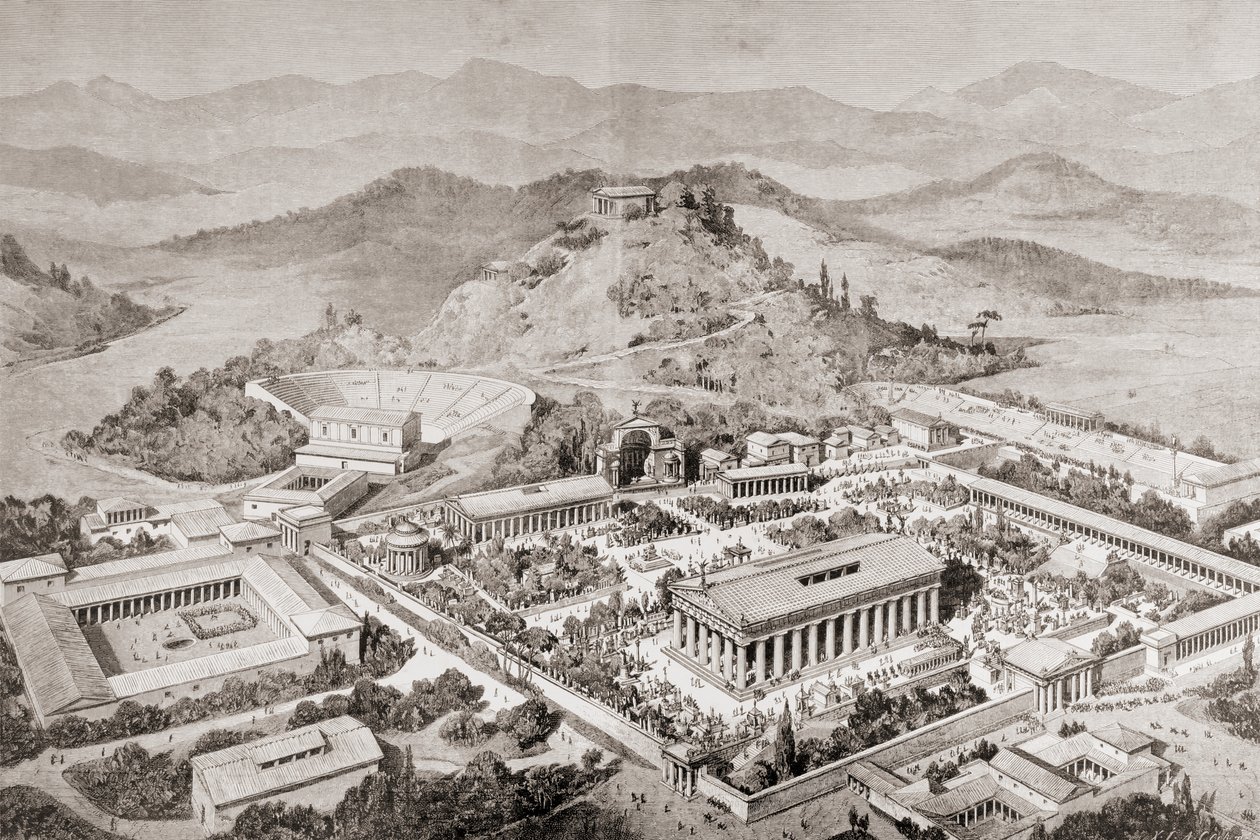 Umělecký otisk Olympie v Řecku v době starověkých olympijských her, z knihy "El Mundo Ilustrado", vydané v Barceloně roku 1880. od European School