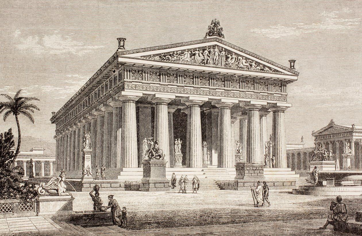 Umělecký dojem z Poseidonova chrámu, Paestum, z „El Mundo Ilustrado“, vydaného v Barceloně, 1880 od European School