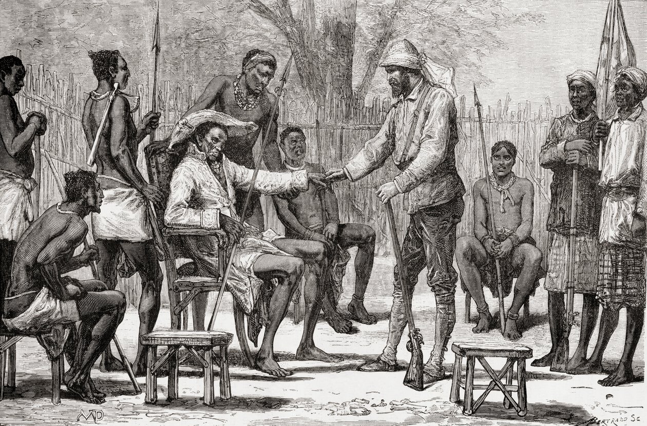 Verney Lovett Cameron na návštěvě krále Konnga, 1878 (dřevoryt) od European School