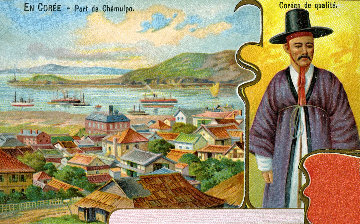 Korejský gentleman v tradičním oděvu (hanbok) a klobouku (gat) a pohled na přístav Chemulpo (Incheon), 1904 od European School