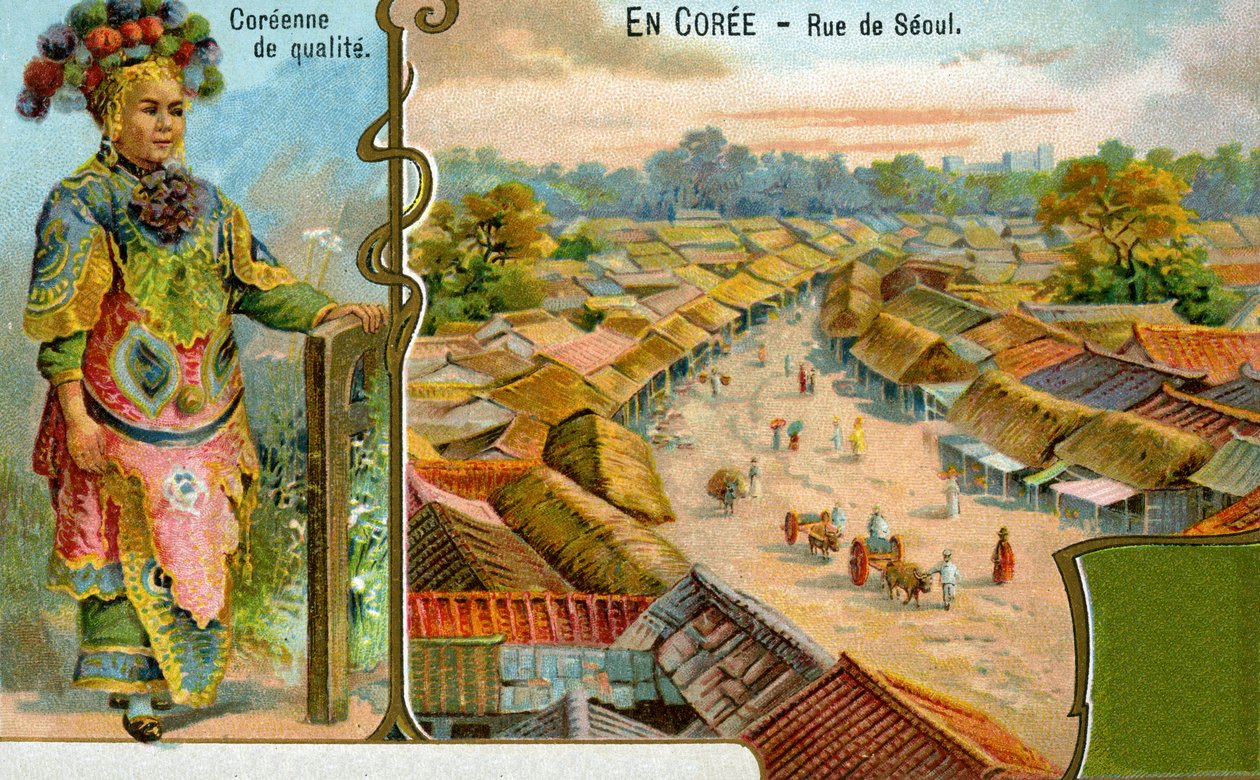 Korejská dáma v tradičním oděvu a pohled na ulici v Soulu, 1904 od European School