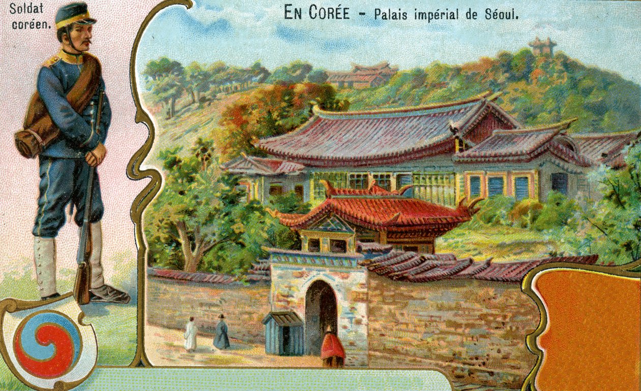 Korejský voják, korejský symbol Taegeuk a pohled na císařský palác v Soulu, 1904 od European School