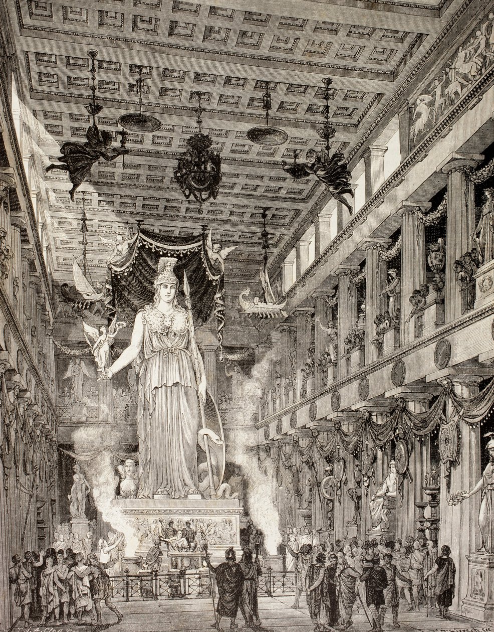 Umělecký dojem ze sochy bohyně Athény v Parthenonu v Aténách během klasického období z „El Mundo Ilustrado“, vydaného Barcelona, 1880 (litho) od European School