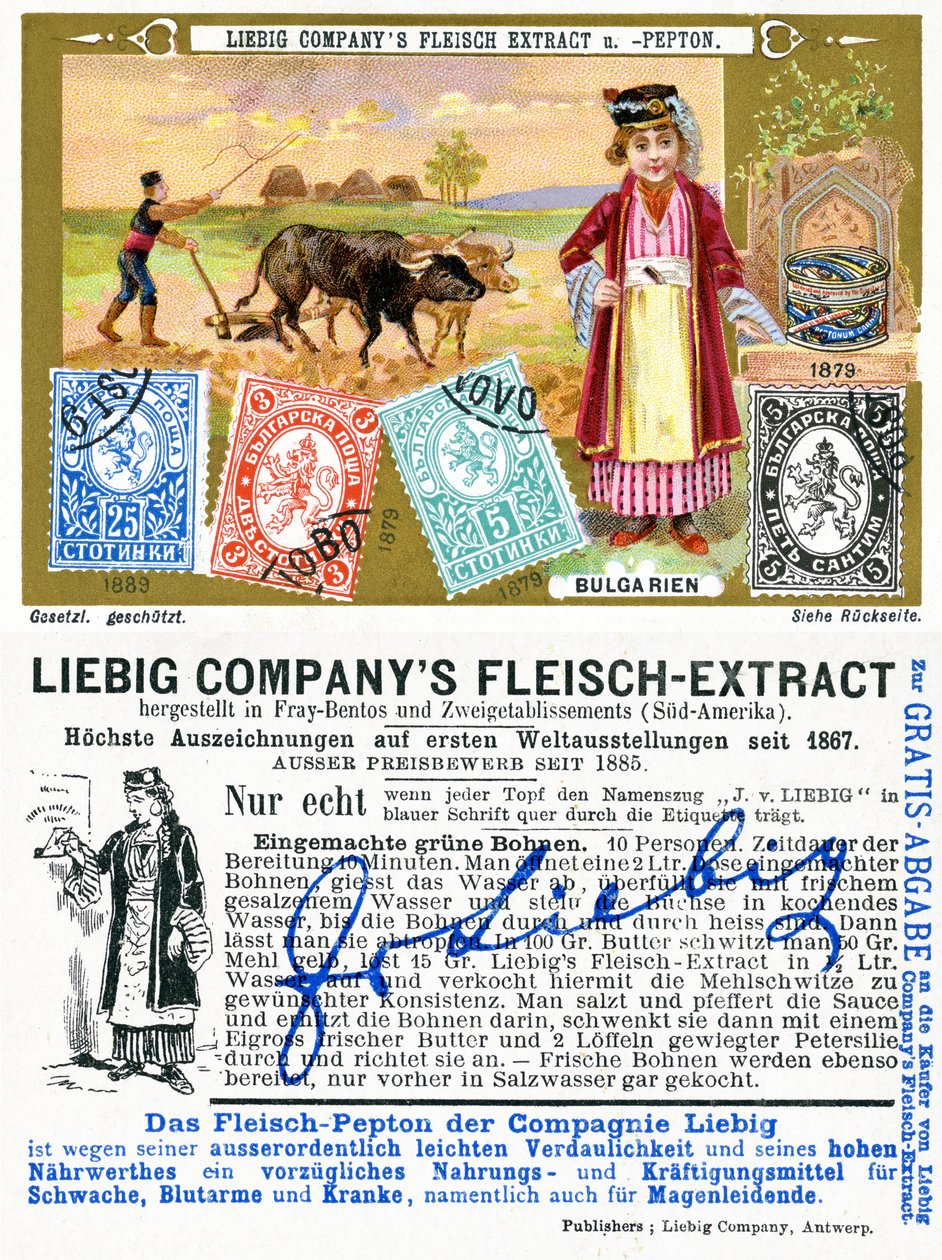 Bulharské poštovní známky, přední a zadní strana propagačního lístku Liebig, 1897 od European School