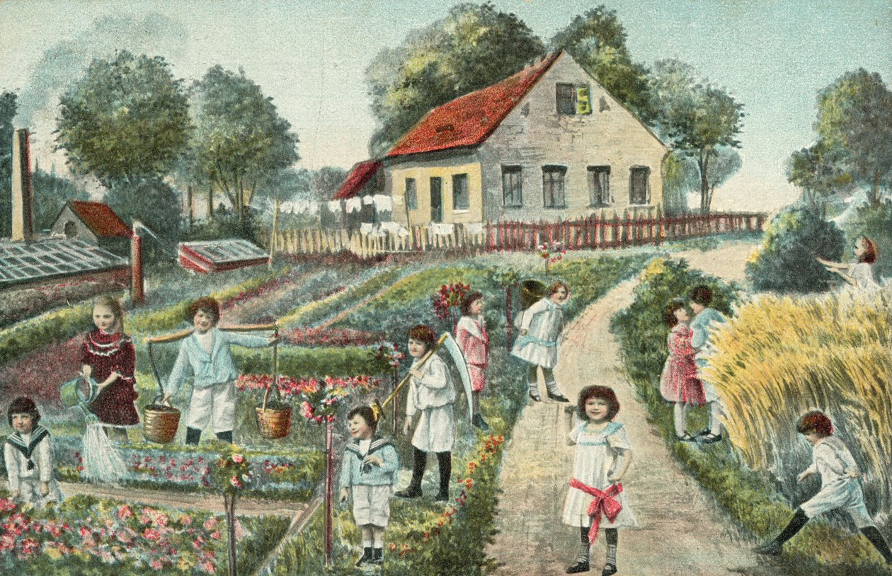 Děti na zahradě nebo na pozemku (barevná litografie) od European School