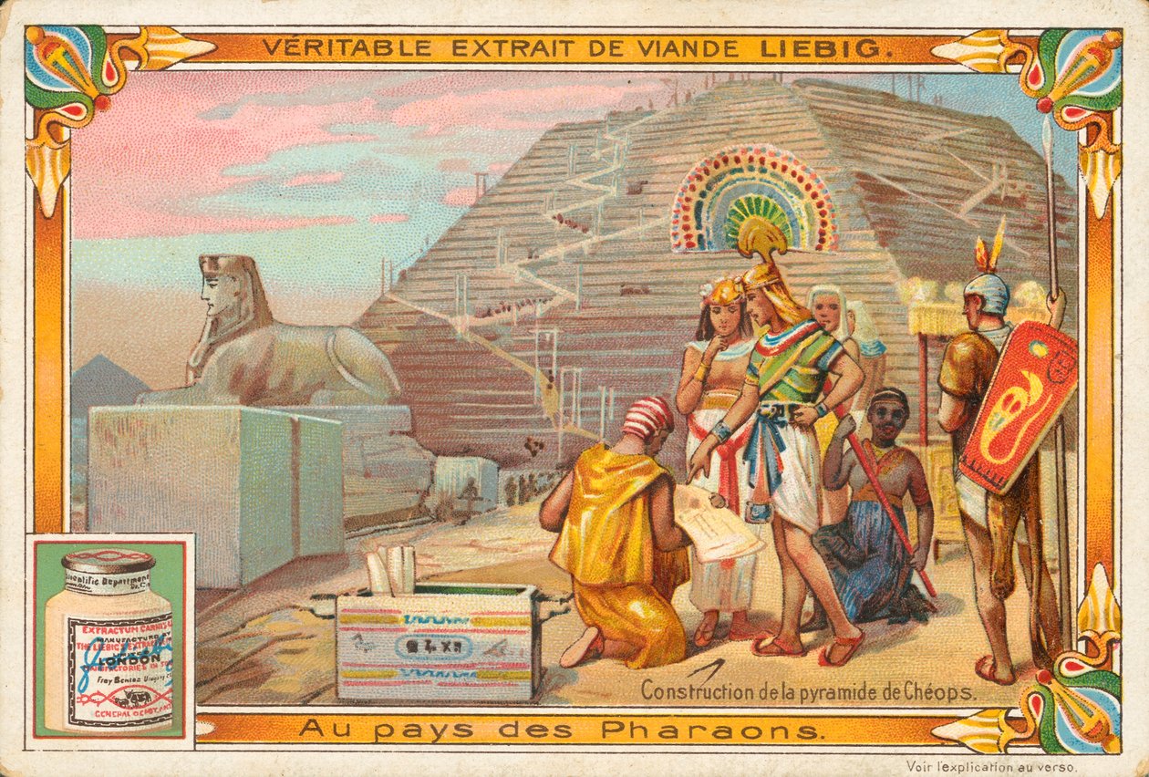 Stavba Cheopsovy pyramidy, Liebigova karta, počátek 20. století (chromo) od European School