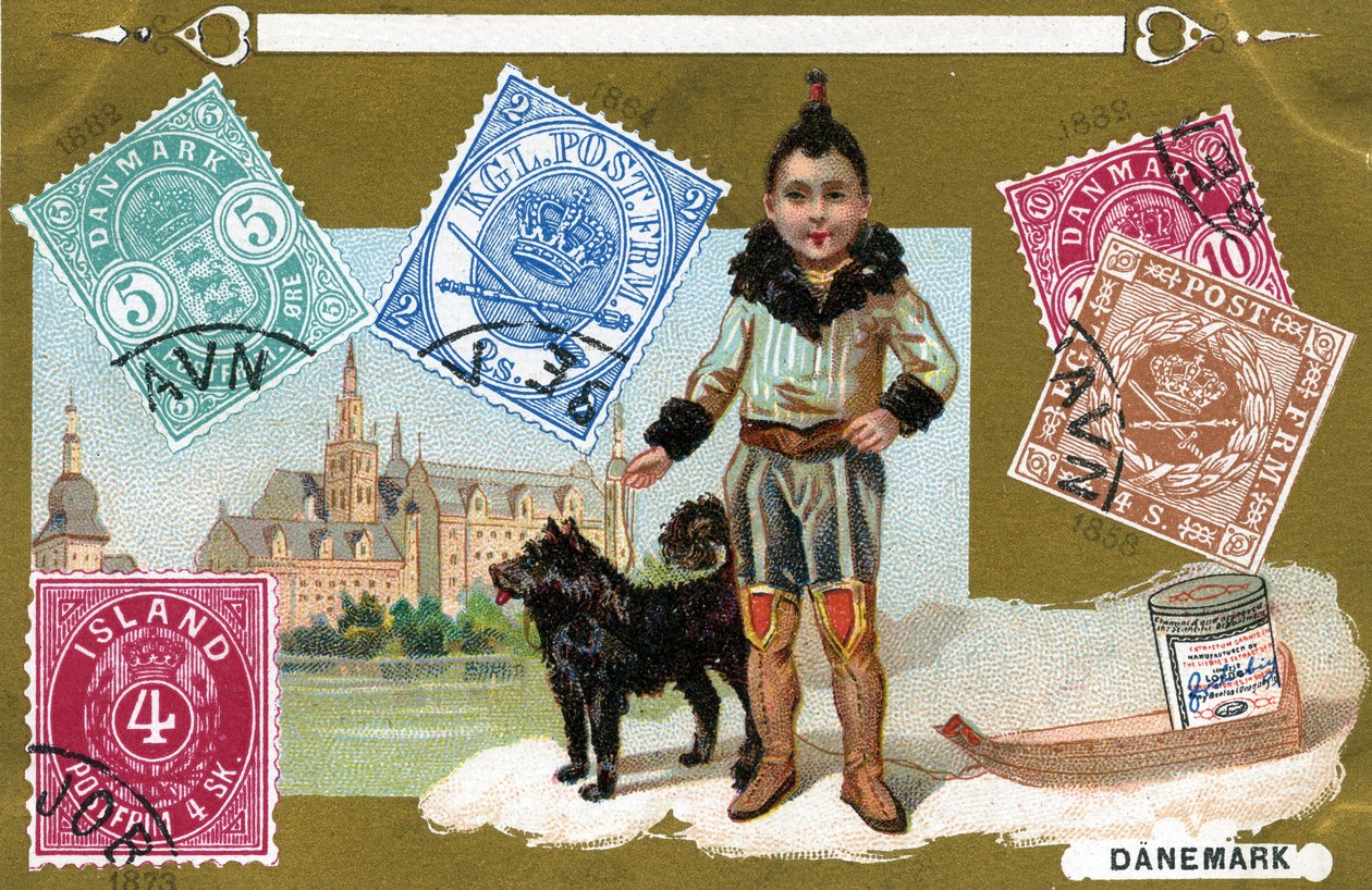 Dánské a islandské poštovní známky s inuitským dítětem a jeho psem, 1897 od European School