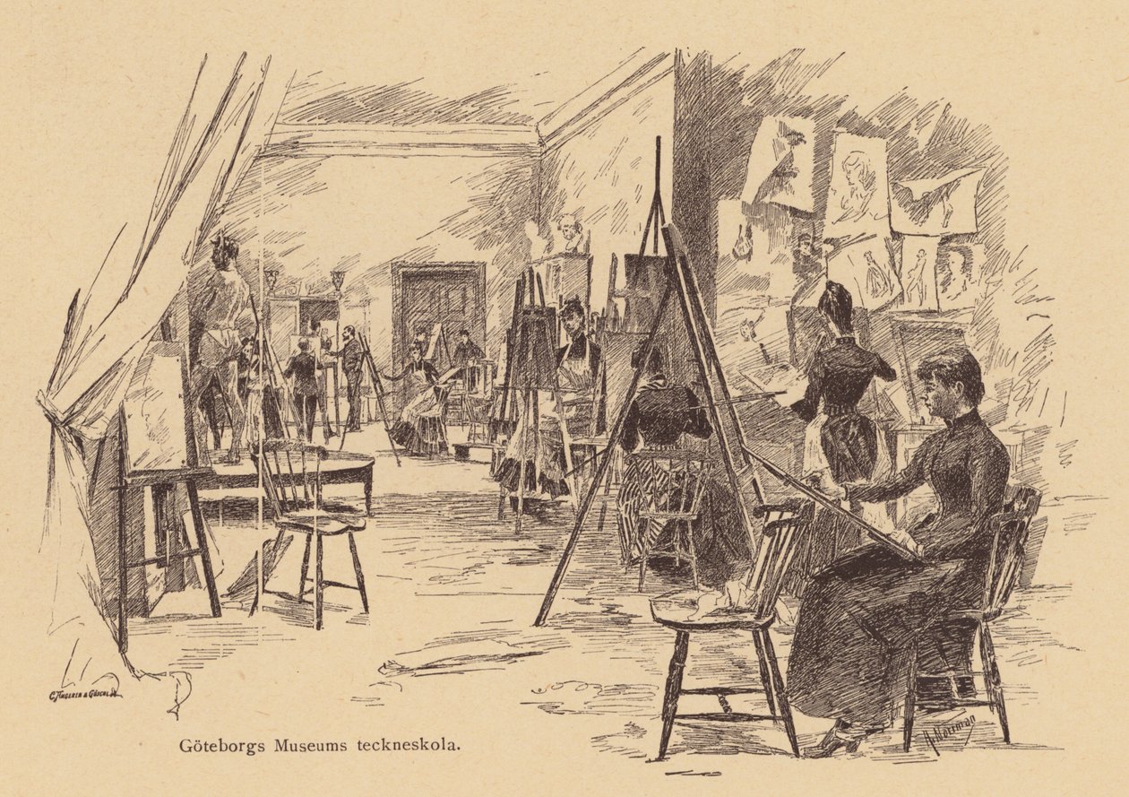 Kurz kreslení v Göteborském muzeu, Švédsko (rytina) od European School