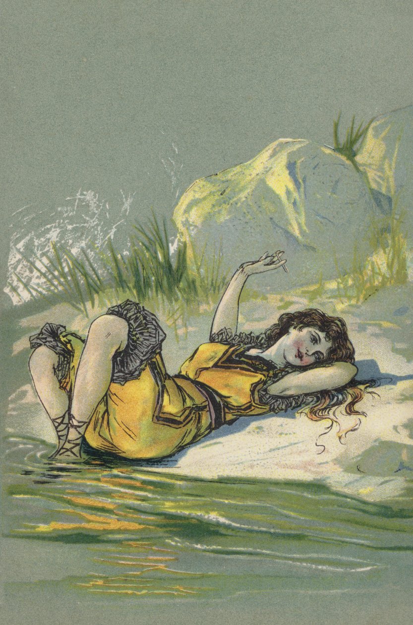 Dívka ležící na pláži nebo na břehu řeky (barevná litografie) od European School