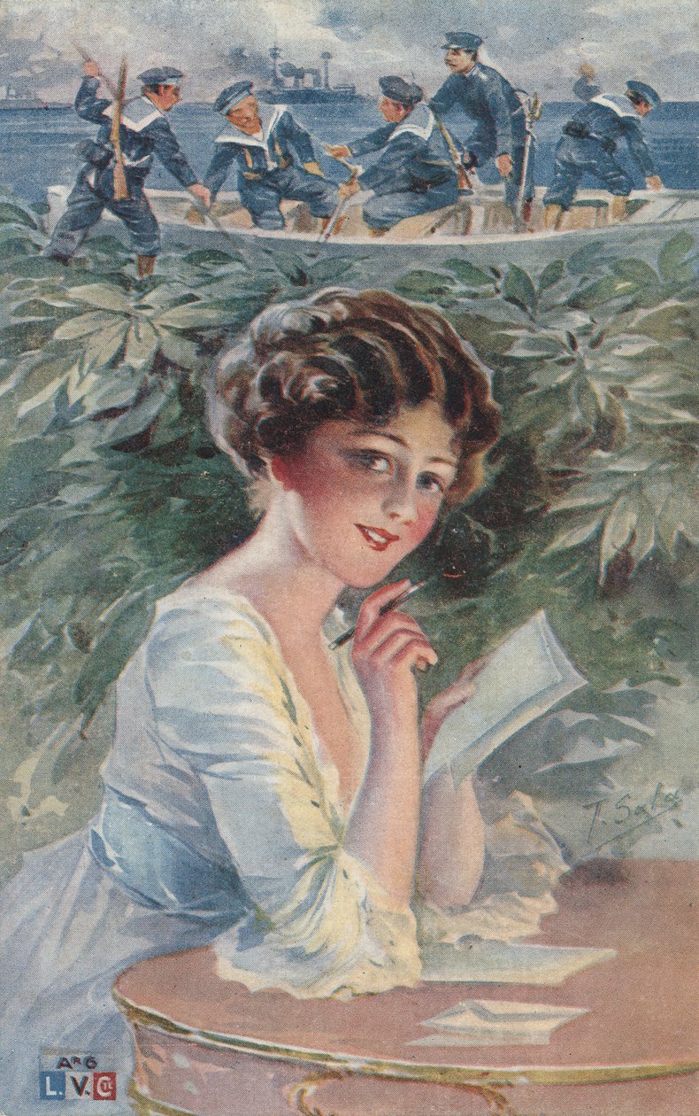 Dívka píšící námořníkovi (barevná litografie) od European School