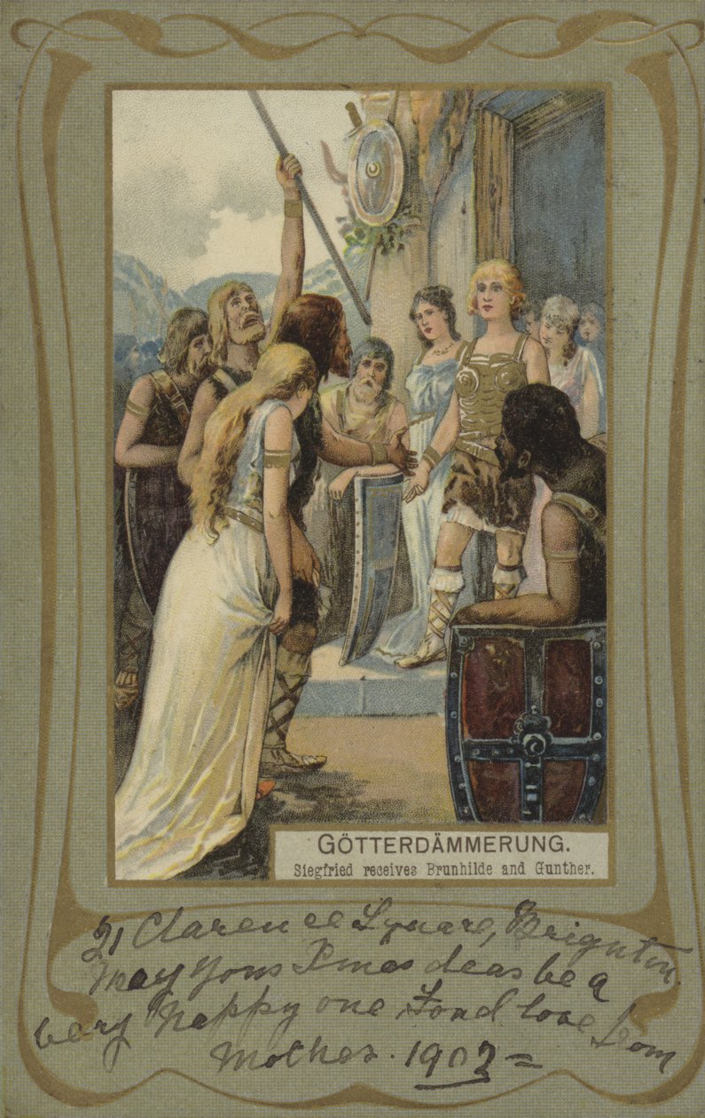 Gotterdammerung, Siegfried přijímá Brunhildu a Gunthera (barevná litografie) od European School