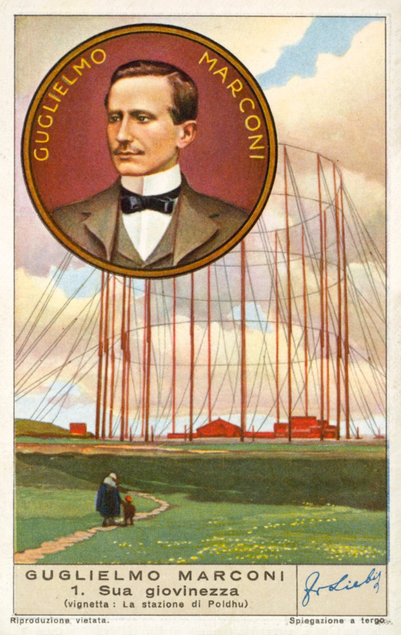 Guglielmo Marconi, italský vynálezce a průkopník rádia, a jeho bezdrátová stanice v Poldhu v Cornwallu (chromolit) od European School