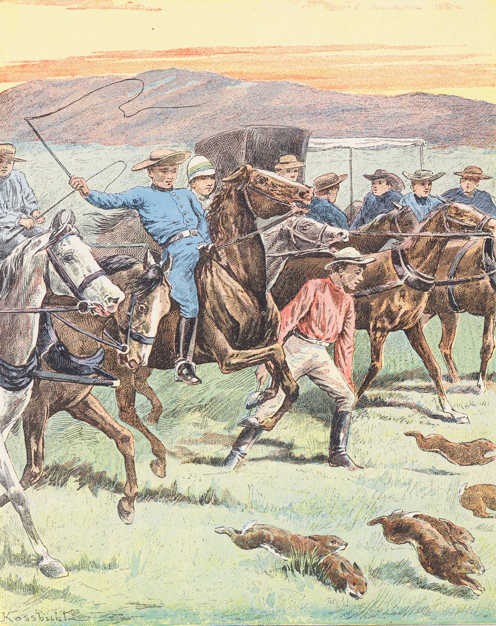 Lov králíků v Austrálii (barevná litografie) od European School