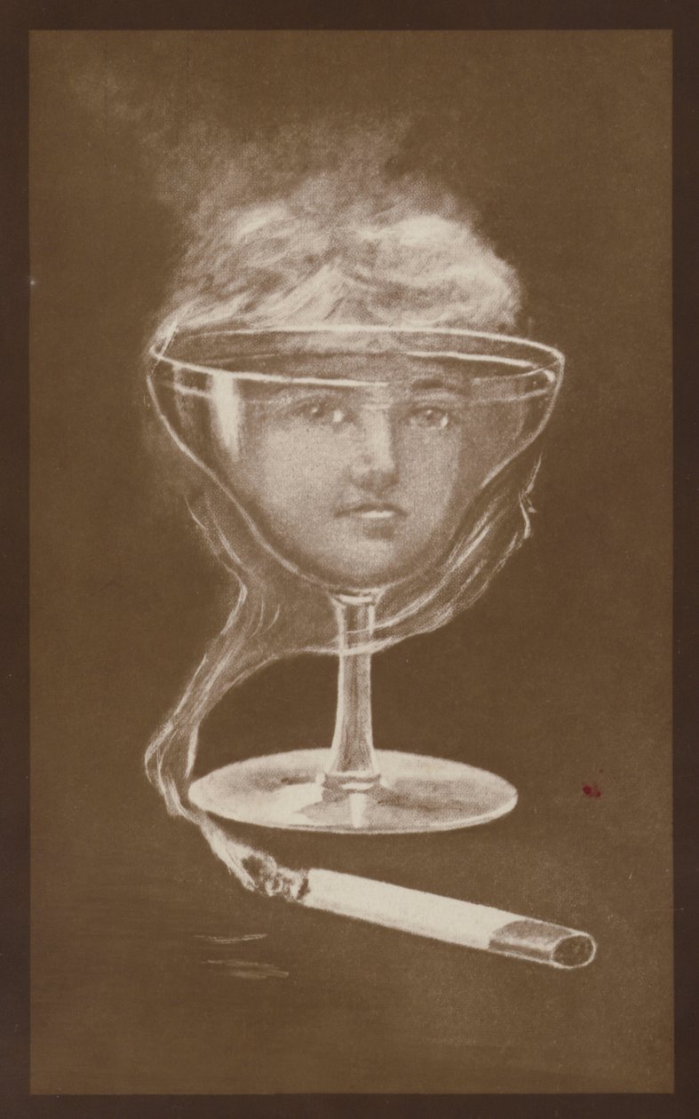 Obrázek ženské tváře, vytvořený sklenicí vína a cigaretovým kouřem, cca 1917 (litografie) od European School