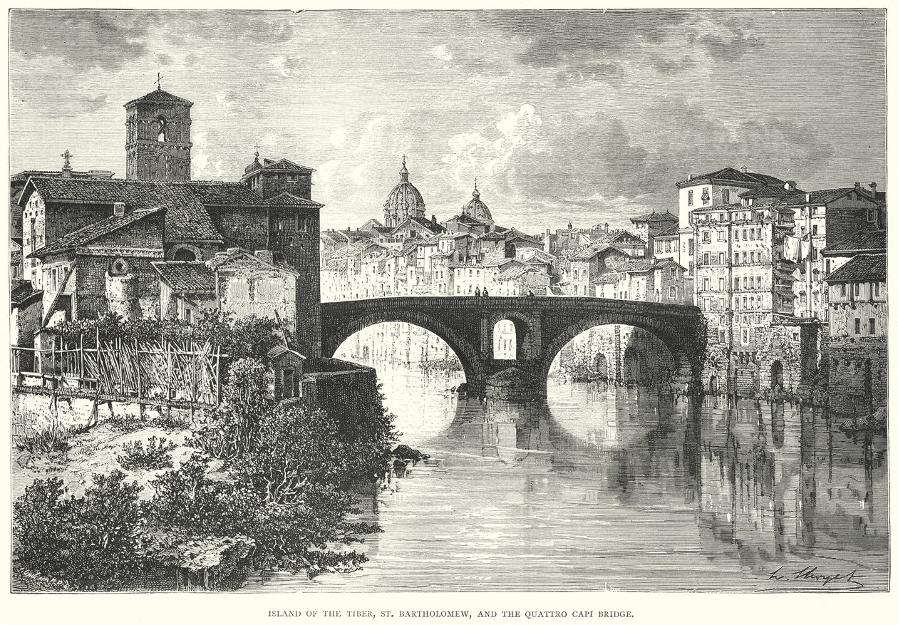 Ostrov Tiber, svatý Bartoloměj a most Quattro Capi (rytina) od European School