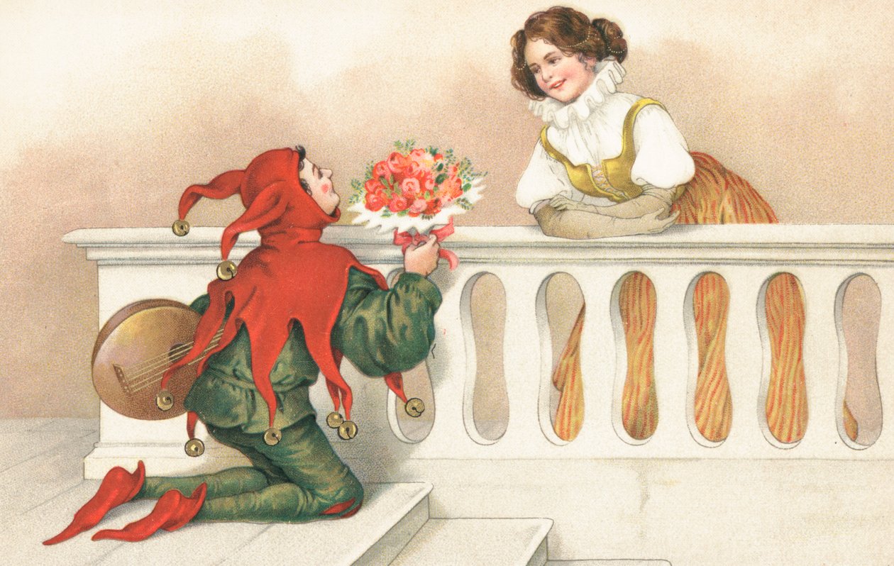 Šašek podává růže krásné dívce na balkoně (chromolit) od European School