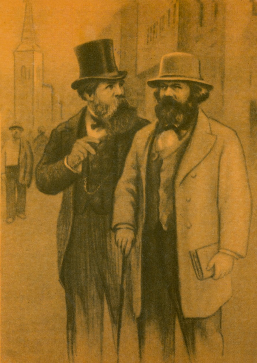 Karl Marx a Friedrich Engels, němečtí komunističtí filozofové a ekonomové (barevná litografie) od European School
