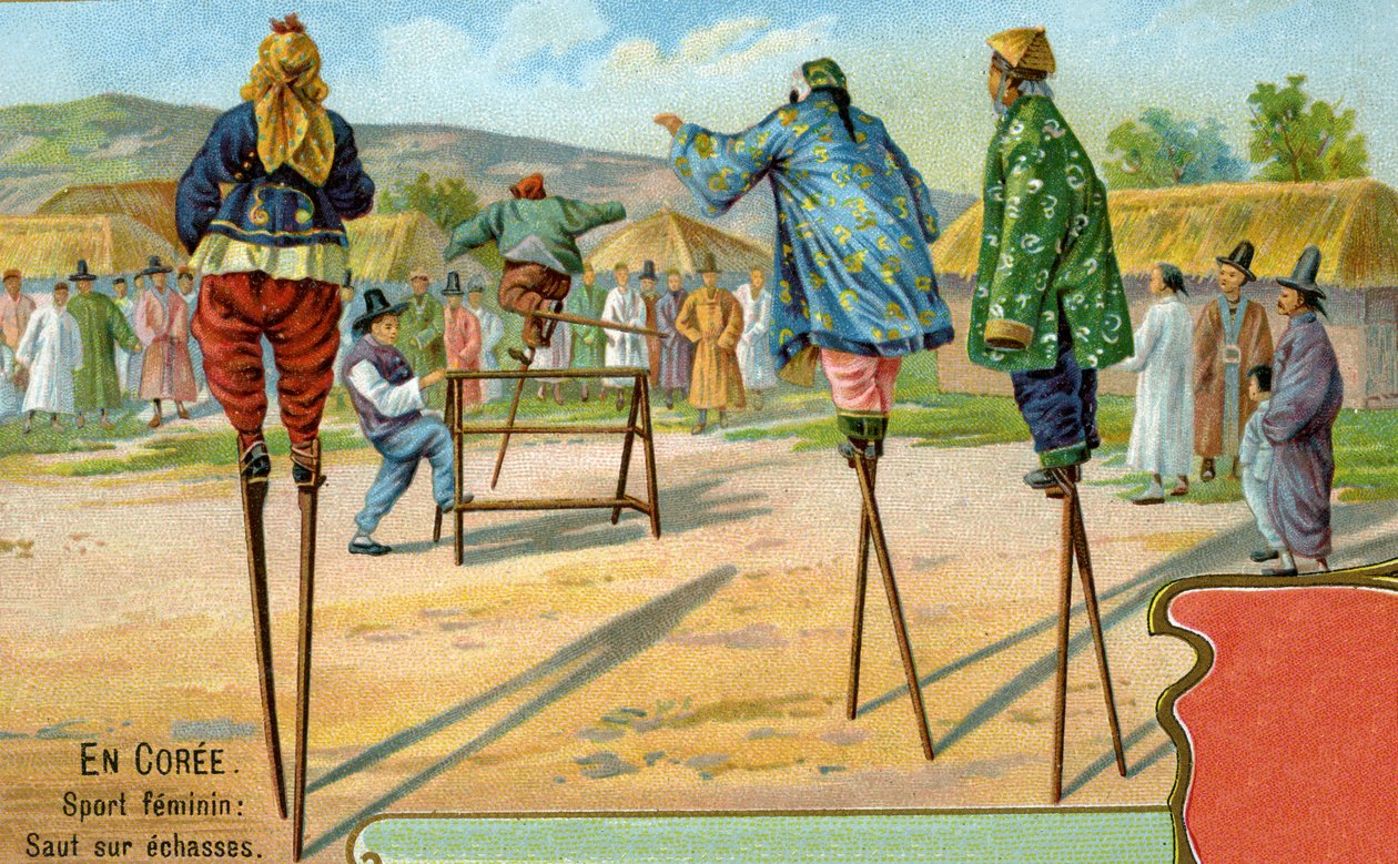 Korejské ženy na chůdách hrající hru ve skákání přes překážky, 1904 od European School