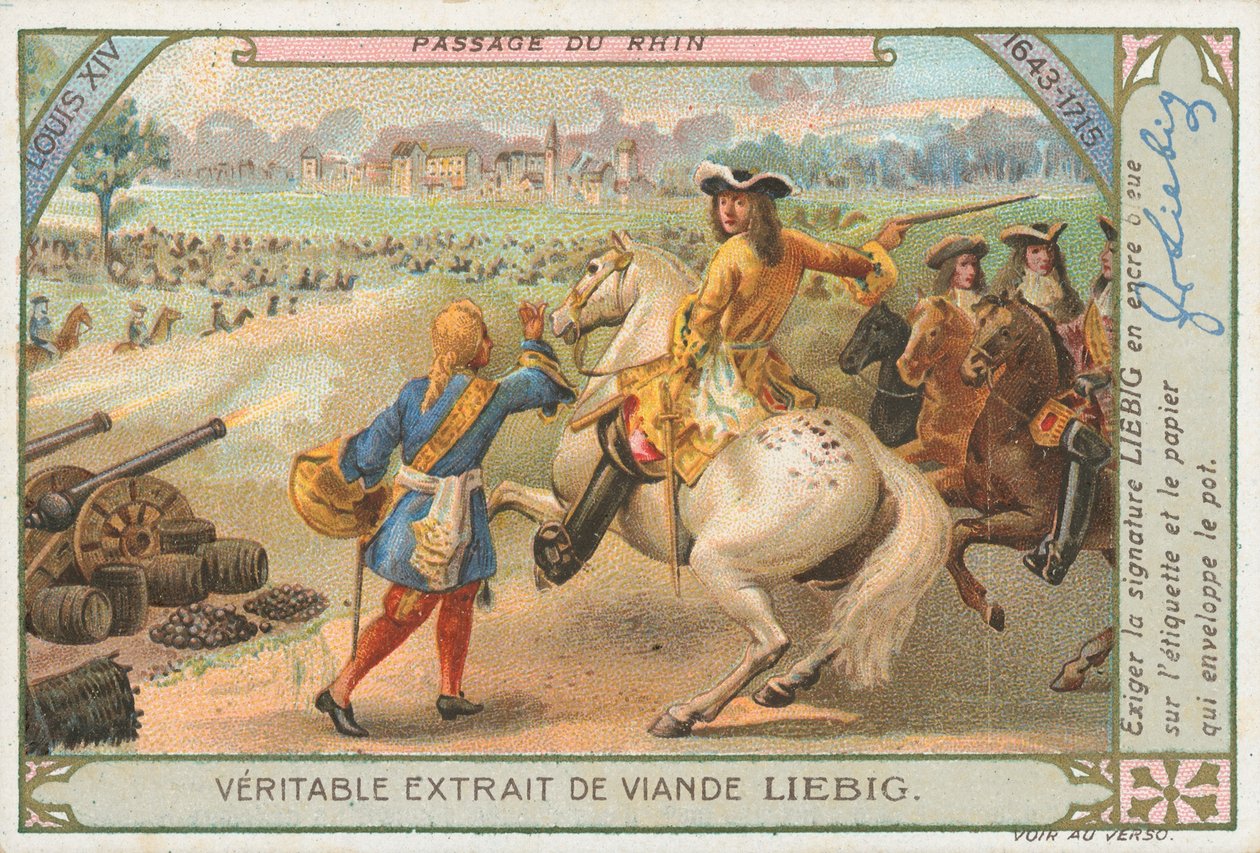 Ludvík XIV. při přejezdu Rýna, Liebigova karta, počátek 20. století (chromo) od European School