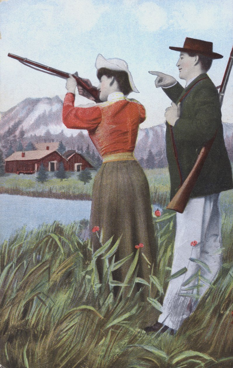Střílející muž a žena (barevná litografie) od European School