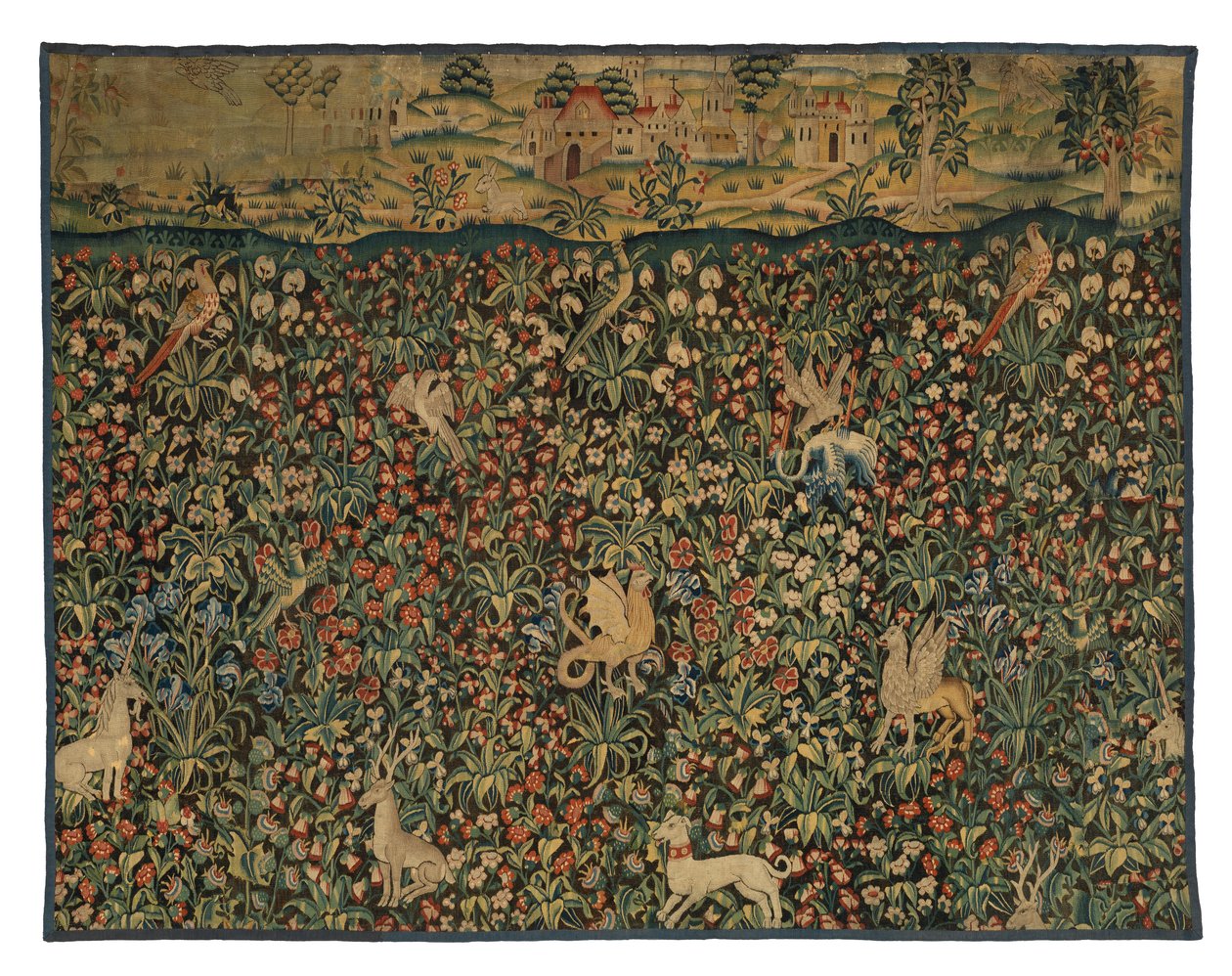 Fragment tapisérie Mille fleurs zobrazující zvířata, ptáky a krajinu, cca 1500 (vlna) od European School