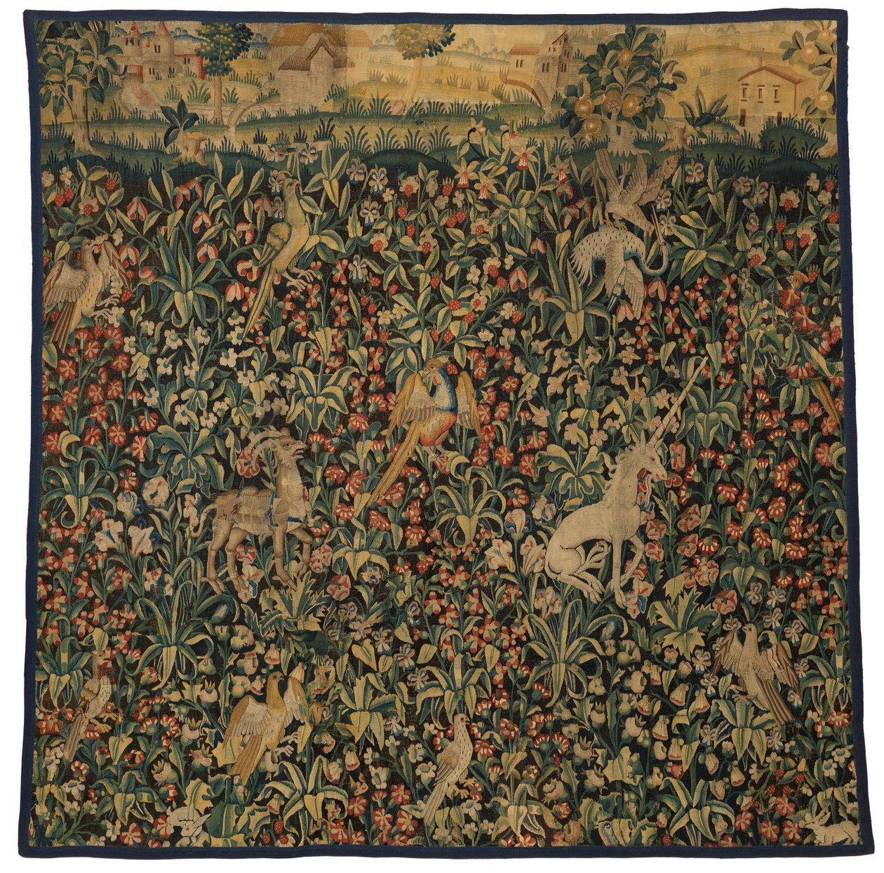 Fragment tapisérie Mille fleurs zobrazující zvířata, ptáky a krajinu, cca 1500 (vlna) od European School