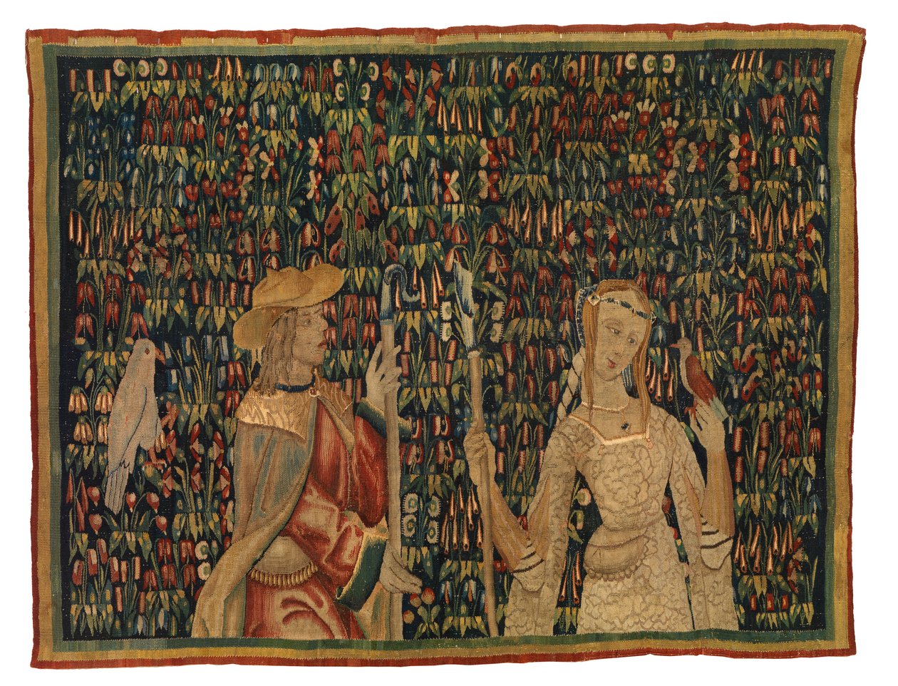 Fragment tapisérie Mille fleurs zobrazující pastýře a pastýře nebo dámu a mládí (vlna a hedvábí) od European School