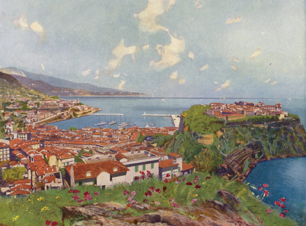 Monako, skála a celkový pohled (barevná litografie) od European School