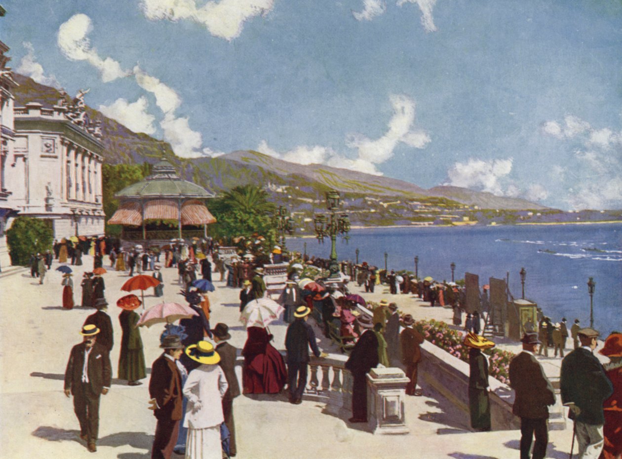 Monte-Carlo, La Terrasse a Kiosque de la Musique (barevná litografie) od European School