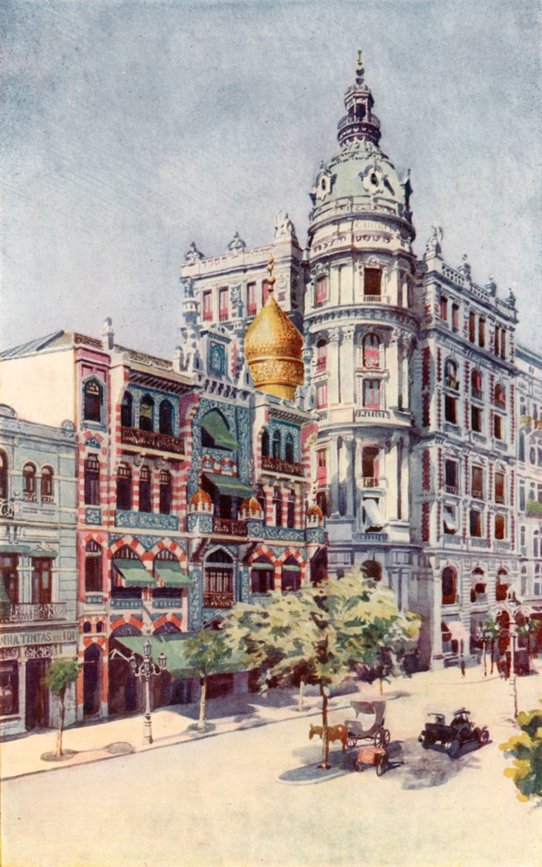 Maurská budova a kanceláře pana Guinleho, Avenida Rio Branco (barevná litografie) od European School
