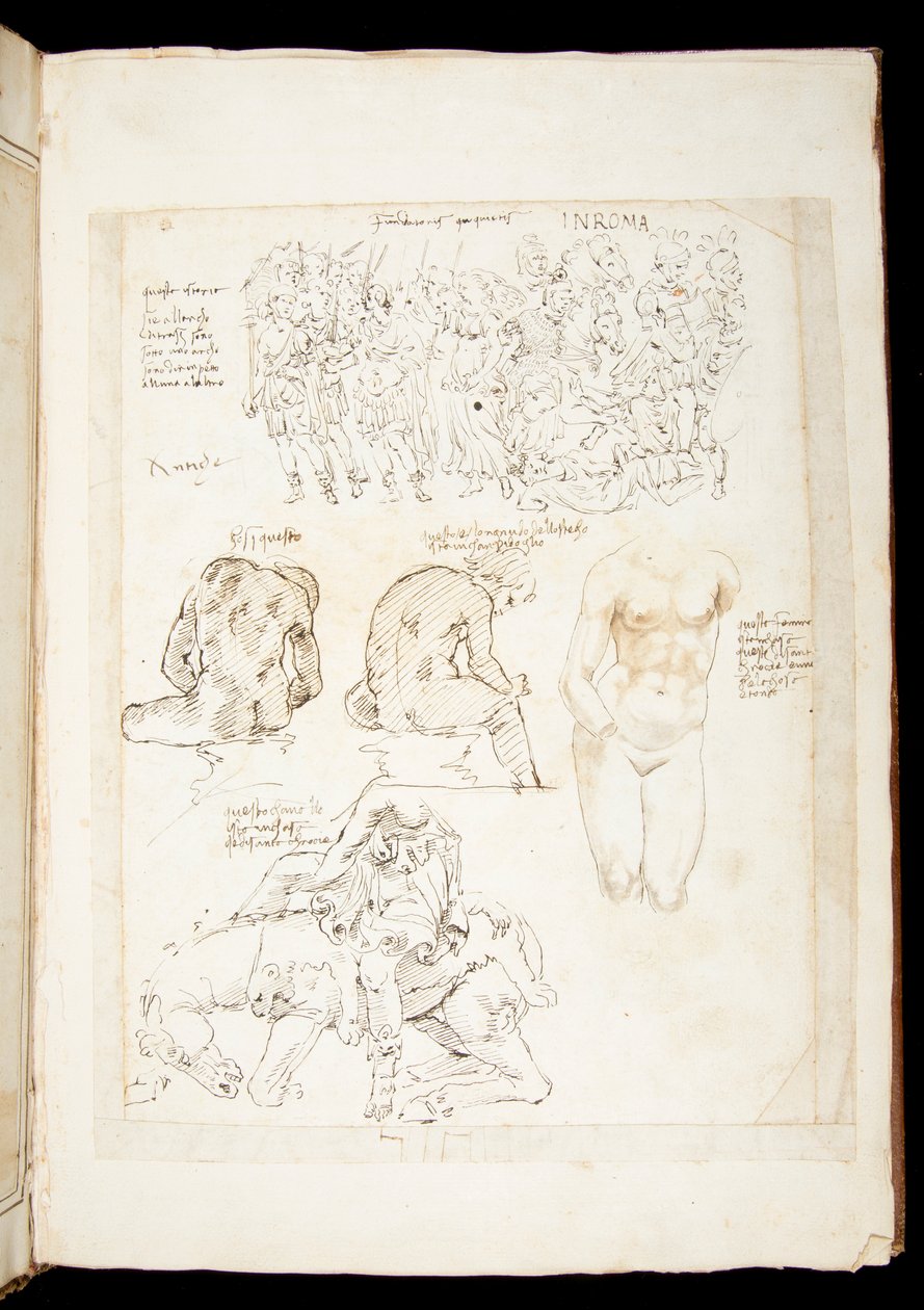 Ms 701 fl.34v, Kresba včetně pohledu na Spinario zezadu, konec 15. století (pero a inkoust na papíře) od European School