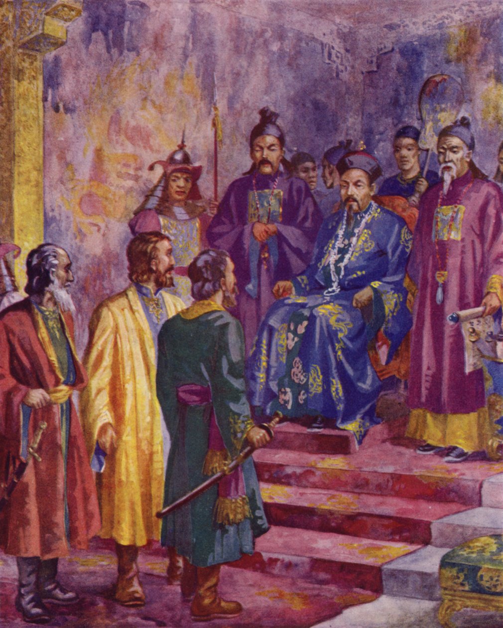 Niccolo, Maffaeo a Marco Polo při setkání s Kublaj-chánem, 20. století (barevná litografie) od European School