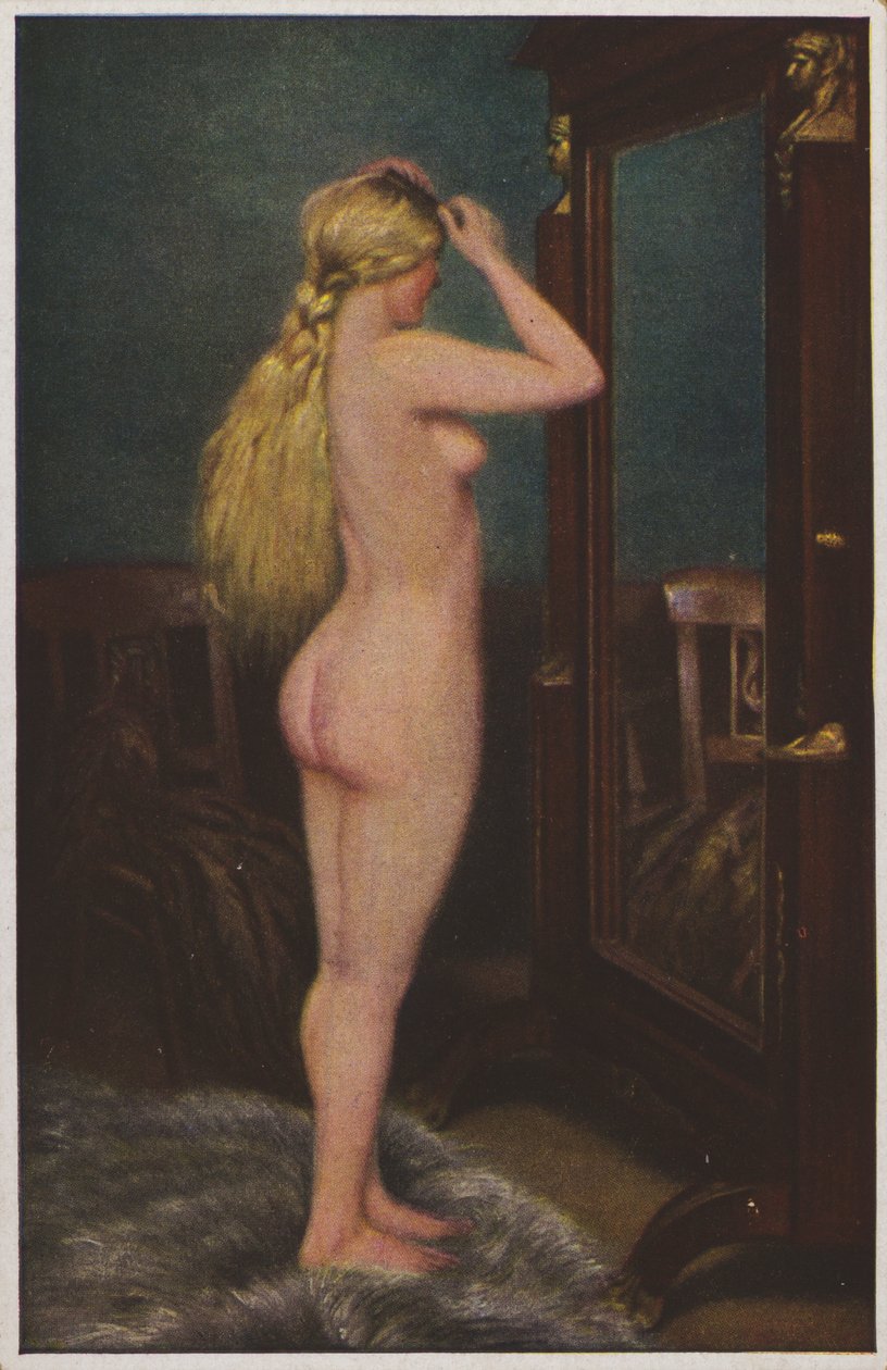 Portrét nahé ženy s dlouhými blond vlasy (barevná litografie) od European School
