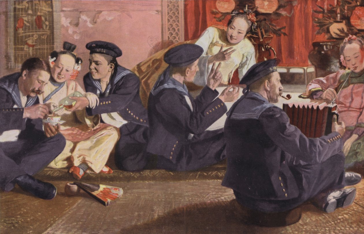 Námořníci v čínské čajovně (barevná litografie) od European School