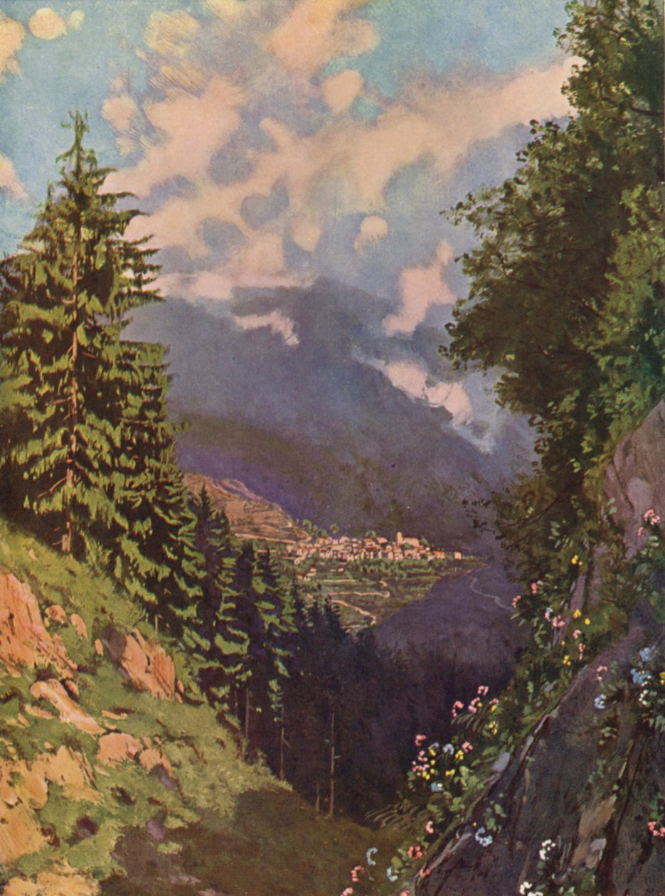 Saint-Martin-Vesubie, celkový pohled (barevná litografie) od European School