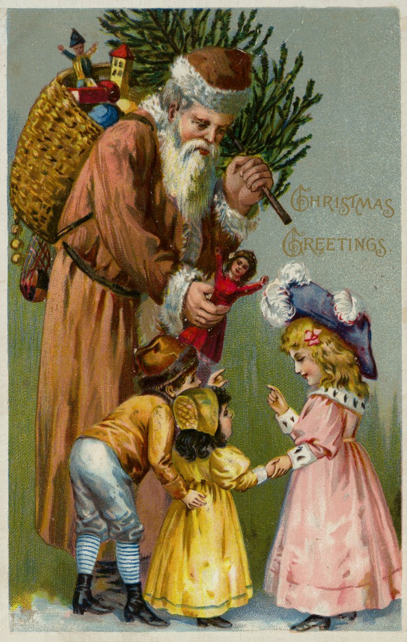 Santa Claus rozdává dětem dárky a vánoční stromeček (barevná litografie) od European School