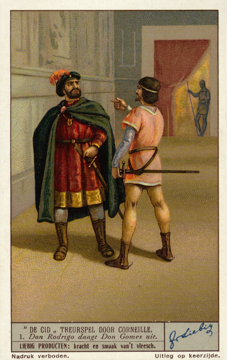 Scéna z tragédie francouzského dramatika Paula Corneilla Le Cid: Don Rodrigue vyzve dona Gomese, otce Chimena (chromolit) od European School