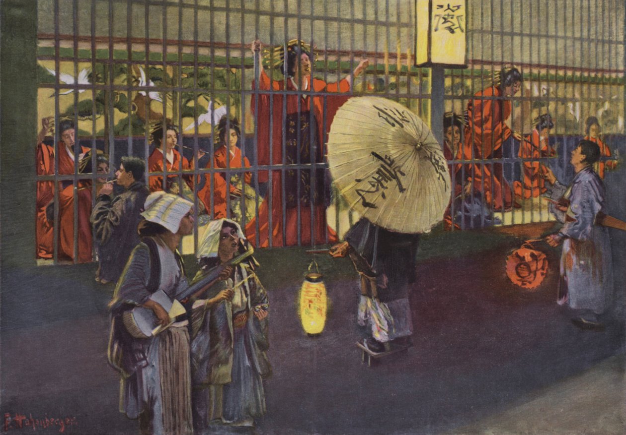Scéna v tokijské čtvrti Jošiwara, Japonsko (barevná litografie) od European School
